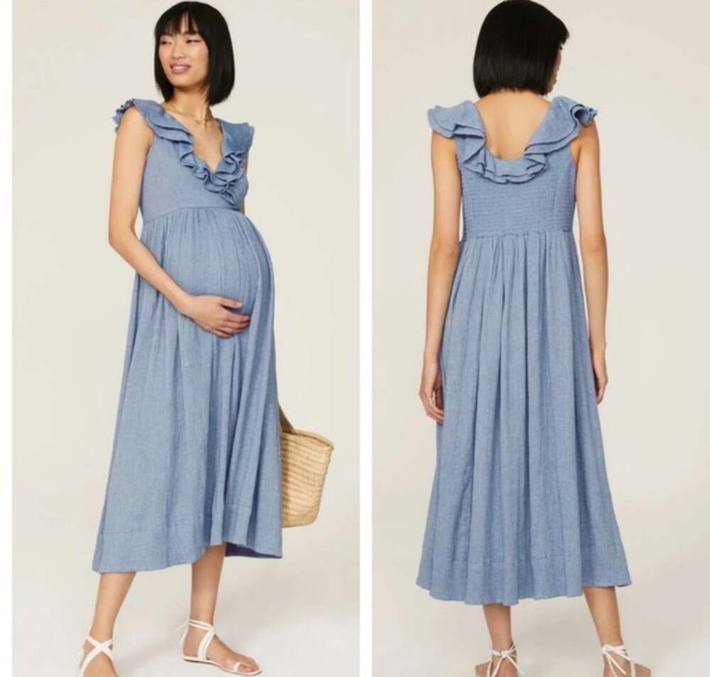 EUC hatch maternity the Sarah blue ruffle dress size small (1)